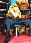  abs anthro bandai_namco belt bottomwear clothing digimon digimon_(species) duo fighting_ring fluffy_chest fur gloves handwear hi_res lagomorph leomon leporid long_ears male mammal muscular muscular_anthro muscular_male orange_eyes pants pecs ponytail_ears rabbit shirtless symbareangoramon yellow_body yellow_fur yuuji7604 