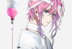  1boy aira_(pisom) amemura_ramuda bandaged_hand bandages blood blue_eyes highres hospital_gown hypnosis_mic intravenous_drip light_purple_hair long_sleeves looking_at_viewer male_focus multicolored_hair parted_lips pink_blood pink_hair shirt short_hair solo teeth white_shirt 