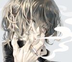  1boy black_jacket brown_hair chappylove8080 cigarette facing_to_the_side grey_background grey_eyes hand_focus hand_on_own_face holding holding_cigarette hypnosis_mic jacket long_sleeves looking_away male_focus parted_lips short_hair smoking solo teeth turtleneck yumeno_gentarou 