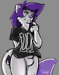  &lt;3 absurd_res animal_genitalia anthro balls black_clothing black_shirt black_topwear canid canine clothing fox fur genitals heart_nose hi_res male mammal purple_body purple_eyes purple_fur ren_winterfox_(artist) ren_winterfox_(character) sheath shirt simple_background solo t-shirt topwear white_body white_fur 