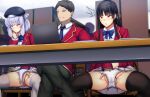  1boy 2girls advanced_nurturing_high_school_uniform bangs beret black_hair black_pants black_thighhighs blazer blue_necktie blush bow bow_panties censored closed_mouth clothes_lift collared_shirt commentary_request computer crossed_legs daiaru double_fingering faceless faceless_male female_ejaculation female_orgasm fingering fingering_through_clothes fingering_through_panties garter_straps grey_hair groin hair_ribbon hand_up hat hetero horikita_suzune indoors jacket laptop library long_hair long_sleeves mosaic_censoring multiple_girls necktie on_chair open_mouth orgasm panties pants pleated_skirt public_indecency pussy pussy_juice red_jacket ribbon sakayanagi_arisu school_uniform shirt short_hair sitting skirt skirt_lift smile spread_legs stealth_fingering thighhighs through_clothes trembling underwear white_panties white_ribbon white_shirt white_skirt white_thighhighs youkoso_jitsuryoku_shijou_shugi_no_kyoushitsu_e 