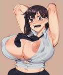  1girl areola_slip armpits arms_up bangs black_hair black_necktie breasts brown_background chainsaw_man cleavage hair_ornament hairclip higashiyama_kobeni highres large_areolae looking_at_viewer midriff necktie nezulet open_mouth popped_button puffy_nipples shirt short_hair short_ponytail simple_background single_sidelock solo swept_bangs tight tight_shirt 