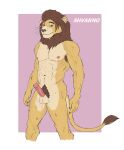  absurd_res anthro balls bodily_fluids brown_hair ear_piercing erection felid fur genital_fluids genitals green_eyes hair hi_res lion looking_at_viewer male mammal muscular muscular_male nipples nude pantherine penis piercing shvarnolion simple_background smile solo yellow_body yellow_fur 