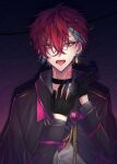  1boy black_gloves black_jacket collared_shirt earrings gloves green_eyes green_hair grey_shirt highres holding holding_phone hypnosis_mic jacket jewelry kannonzaka_doppo long_sleeves looking_at_viewer male_focus multicolored_hair noname_mr_0515 phone red_hair shirt short_hair solo tattoo tongue tongue_out 