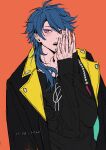  1boy absurdres argentum_1121 arisugawa_dice black_jacket black_shirt blush hand_on_own_face highres hypnosis_mic jacket long_sleeves looking_to_the_side male_focus open_mouth orange_background purple_eyes purple_hair shirt solo 
