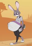  2023 anthro barefoot belly big_belly bottomwear claws clothed clothing convexpert disney ears_up feet female frown fur hand_on_stomach headphones hi_res judy_hopps kick lagomorph leporid looking_down mammal music_player navel outie_navel outside pants paws pregnant pregnant_female rabbit raised_clothing raised_shirt raised_topwear shirt signature solo topwear unborn_kicking walking wide_eyed zootopia 