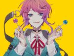  1boy amemura_ramuda black_choker blue_eyes blue_hoodie candy choker closed_mouth collared_shirt food heart heart_choker highres holding holding_candy holding_food holding_lollipop hood hood_down hoodie hypnosis_mic lollipop long_sleeves looking_at_viewer male_focus pink_hair shiroko shirt short_hair smile solo tongue tongue_out twitter_username white_shirt yellow_eyes 