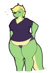  anthro blonde_hair breasts clothed clothing digitalpelican dragon eyes_closed female green_body green_scales groggy hair horn muffin_top overweight overweight_anthro overweight_female panties partially_clothed scales scalie shirt solo standing t-shirt thick_thighs tired topwear underwear waking_up 
