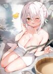  1girl ;p bangs bare_arms bare_shoulders barefoot blurry blurry_foreground branch breasts chihiro_(khorosho) cleavage collarbone depth_of_field folded_ponytail full_body green_eyes hair_between_eyes large_breasts naked_towel one_eye_closed onsen original rubber_duck solo tongue tongue_out towel water wet white_hair 