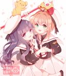  2girls brown_hair cardcaptor_sakura daidouji_tomoyo female_child green_eyes holding_hands kero kinomoto_sakura meeluf multiple_girls purple_eyes purple_hair sailor_collar school_uniform skirt tomoeda_elementary_school_uniform white_headwear white_sailor_collar white_skirt wings 