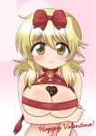  1girl absurdres blonde_hair blush breast_hold breasts candy chocolate cleavage dard_drak english_text food heart heart-shaped_chocolate hidamari_sketch highres long_hair looking_at_viewer miyako_(hidamari_sketch) naked_ribbon red_ribbon ribbon smile solo valentine 