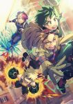  4boys :d arm_up baggy_pants bakugou_katsuki bandana bangs bare_shoulders belt belt_pouch black_footwear black_mask black_pants black_sleeves black_tank_top blonde_hair blue_eyes blurry blurry_background bodysuit boku_no_hero_academia boots breath bright_pupils brown_hair building burn_scar carrying carrying_person carrying_under_arm closed_mouth collarbone collared_shirt commentary_request cross-laced_footwear crying cryokinesis dated_commentary detached_sleeves electricity eye_mask eyewear_on_head film_grain floating_hair flower flying flying_teardrops foreshortening freckles frown furrowed_brow gloves green_bodysuit green_eyes green_hair green_pupils grey_eyes grey_footwear grey_gloves hands_up headgear heterochromia high_collar highres ice jacket jumping knee_pads looking_ahead looking_at_another male_focus midair midoriya_izuku multicolored_hair multiple_boys necktie open_mouth orange_flower outdoors outstretched_arm outstretched_arms pants partial_commentary patch pouch red_bandana red_eyes red_hair ribbon riding rody_soul sanpaku scar scar_on_face scared shirt short_hair sleeveless smile spiked_hair split-color_hair split_mouth striped_necktie sunglasses tank_top tannoci todoroki_shouto twitter_username two-tone_hair utility_belt v-neck v-shaped_eyebrows white_hair white_pupils white_ribbon 