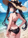  1girl absurdres ass bare_arms bare_shoulders beach bikini black_bikini black_bow black_hair blue_sky blush bow breasts cloud commentary cowboy_shot day genshin_impact green_eyes hand_on_hip hat hat_bow highres large_breasts long_hair looking_at_viewer mona_(genshin_impact) ocean sidelocks sky slap_mark solo standing sun_hat swimsuit thighs unstableboiler very_long_hair water 
