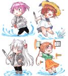  &gt;_&lt; 4girls akigumo_(kancolle) amatsukaze_(kancolle) black_thighhighs book brown_hair chibi closed_eyes drawing_tablet dress fate/stay_night fate_(series) gate_of_babylon_(fate) grey_hoodie grey_jacket hat highres holding holding_torpedo hood hood_down hoodie jacket kantai_collection long_hair multiple_girls official_alternate_costume open_mouth orange_skirt pink_hair poipoi_purin ponytail ruler shiranui_(kancolle) short_hair shorts skirt thighhighs torpedo two_side_up water white_dress yukikaze_(kancolle) 