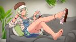  1girl barefoot black_nails blue_eyes couch efreezerarts feet green_eyes hair_ornament hat highres indie_virtual_youtuber jewelry looking_at_viewer nail_polish on_couch pointy_ears renee_tala sandals shoe_dangle soles solo thighlet toe_ring toenails toes 