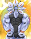  2022 abs anthro biceps big_muscles biped black_body black_fur chibikoma digital_drawing_(artwork) digital_media_(artwork) fire front_view fur generation_7_pokemon hi_res legendary_pokemon male multicolored_body muscular muscular_anthro muscular_male nintendo pecs pokemon pokemon_(species) solgaleo solo white_body white_fur 