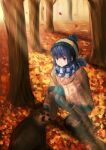  1girl absurdres autumn autumn_leaves bangs beanie black_gloves blue_hair blue_headwear blue_jacket blue_pants blue_scarf boots brown_footwear closed_mouth denim fingerless_gloves full_body gloves hat highres jacket jeans ky00 leaf long_sleeves maple_leaf outdoors pants poncho purple_eyes scarf shima_rin smile solo squatting striped striped_scarf tanuki tree yurucamp 