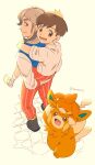  2boys :d ankle_wrap arven_(pokemon) bangs boots brown_eyes brown_hair carrying commentary_request florian_(pokemon) green_eyes long_hair looking_back lower_teeth_only male_focus multiple_boys open_mouth orange_pants orange_shorts pants pawmi pawmot piggyback pokemon pokemon_(game) pokemon_sv shirt short_hair short_sleeves shorts smile standing teeth toes tomatomi 
