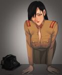  1girl black_hair breast_pocket breasts brown_eyes brown_pants brown_shirt buttons cleavage hearts_of_iron highres kaiserreich large_breasts lips long_hair military military_rank_insignia military_uniform pants phone pocket rotary_phone shirt solo star_(symbol) table uniform unitedprovinces 
