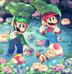  3boys animal blue_eyes blue_overalls boots brown_footwear brown_hair cheep_cheep closed_eyes facial_hair fish flower gloves green_headwear green_shirt hand_on_own_chin hat highres hiyashimeso leaf lotus luigi mario mario_(series) multiple_boys mustache open_mouth outdoors overalls rain red_headwear red_shirt shirt short_hair teeth toad_(mario) vest water white_gloves 