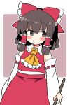  1girl ascot bare_shoulders black_hair blush bow brown_eyes closed_mouth detached_sleeves hair_bow hair_tubes hakurei_reimu ini_(inunabe00) long_hair red_bow red_skirt ribbon-trimmed_sleeves ribbon_trim sidelocks skirt solo touhou upper_body white_sleeves wide_sleeves yellow_ascot 