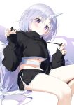  1girl :o absurdres bangs black_jacket black_shorts blush breasts cleavage copyright_request drawstring feet_out_of_frame grey_hair hands_up highres horns jacket long_sleeves navel parted_bangs parted_lips puffy_long_sleeves puffy_sleeves purple_eyes short_shorts shorts simple_background single_horn sitting sleeves_past_wrists solo syhan underboob virtual_youtuber white_background 