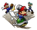  4boys absurdres baby_luigi baby_mario blue_overalls boots carrying facial_hair gloves green_headwear green_shell_(mario) green_shirt hammer hat highres holding holding_hammer kicking luigi mario mario_&amp;_luigi_rpg mario_&amp;_luigi_rpg_(style) mario_(series) multiple_boys mustache official_art overalls piggyback red_headwear red_shirt shirt simple_background socks striped striped_socks white_gloves 