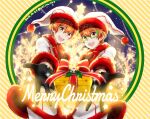  2boys aki_ma_jiro aoi_kyosuke aoi_yusuke black_gloves brothers christmas_lights christmas_tree english_text gift gloves green-framed_eyewear hair_between_eyes idolmaster idolmaster_side-m long_sleeves male_focus merry_christmas multiple_boys orange_eyes orange_hair siblings teeth twins upper_teeth_only 