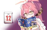  1girl alternate_hairstyle apron aru_(blue_archive) bangs blue_archive blunt_bangs book bow bowtie calendar_(object) cameo collared_shirt commentary dated demon_girl demon_horns english_commentary fuuka_(blue_archive) glasses halo hm_(hmongt) holding holding_book horns long_hair looking_away pink_hair ponytail reading school_uniform shirt short_sleeves sidelocks solo sweatdrop yellow_eyes 