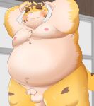  2023 anthro balls belly big_belly erection eyes_closed felid genitals hi_res kemono male mammal moobs navel nipples overweight overweight_male pantherine penis puss3250 small_penis solo tiger towel 