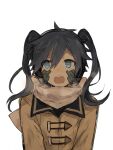  1girl aaniko alternate_costume bangs black_coat blue_eyes blue_hair breath brown_coat coat collared_coat commentary_request dark_blue_hair ene_(kagerou_project) eyes_visible_through_hair facial_mark hair_between_eyes headphones kagerou_project long_bangs long_hair looking_to_the_side mekakucity_actors open_mouth scarf simple_background sketch solo teeth toggles twintails two-tone_coat upper_body upper_teeth_only white_background white_scarf winter_clothes 