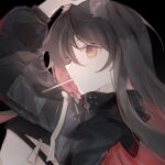  ambience_synesthesia animal_ear_fluff animal_ears arknights arm_up bangs black_background black_hair black_jacket closed_mouth hair_between_eyes highres jacket long_sleeves looking_away mouth_hold multicolored_hair puffy_long_sleeves puffy_sleeves red_eyes red_hair simple_background ssangzi texas_(arknights) two-tone_hair upper_body 