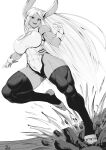  1girl :d absurdres animal_ears bangs bare_shoulders biceps boku_no_hero_academia breaking breasts commission covered_abs covered_navel crescent_print dark-skinned_female dark_skin debris full_body fur_collar gloves greyscale highleg highleg_leotard highres large_breasts leotard long_eyelashes long_hair looking_to_the_side mirko monochrome muscular muscular_female open_mouth parted_bangs rabbit_ears rabbit_girl signature sleeveless_turtleneck_leotard smile solo speedl00ver standing standing_on_one_leg taut_leotard thick_thighs thighhighs thighs very_long_hair white_gloves white_hair white_leotard 