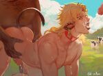  3boys anal animal animal_ears ashva ass blonde_hair cow cow_boy cow_ears cow_tail cum cum_in_mouth dio_brando doggystyle erection facial fat fat_man green_lips highres jojo_no_kimyou_na_bouken lactation long_hair male_lactation milk multiple_boys muscular muscular_male nipples nude open_mouth outdoors pectorals pee peeing penis red_eyes sex stardust_crusaders sweat tail yaoi 