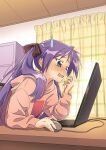  1girl bangs blush bow brown_bow brown_hoodie chair commentary_request computer curtains desk grey_eyes hair_bow hair_ribbon hand_up highres hiiragi_kagami holding_mouse_(computer) hood hoodie hotaru_iori ichimi_renge indoors laptop long_hair long_sleeves looking_at_object lucky_star mouse_(computer) open_mouth purple_eyes purple_hair ribbon sitting solo sweat tongue 