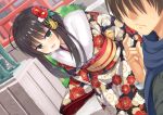  1boy 1girl 8kumagawa_(log) absurdres ahoge arichi_masaomi arms_behind_back black_hair black_kimono blue_scarf blush camellia couple dating dutch_angle eyelashes floral_print flower frown fur-trimmed_kimono fur_trim furrowed_brow green_eyes hair_flower hair_ornament half-closed_eyes hand_up hatsumoude head_tilt hetero highres hitachi_mako japanese_clothes kimono komainu leaning_forward long_hair long_sleeves looking_at_another naughty_face open_mouth outdoors plum_blossom_print red_flower sash scarf senren_banka short_hair shrine sidelocks smile steam straight_hair tassel tassel_hair_ornament white_flower white_fur wide_sleeves yellow_sash yukata yuzu-soft 