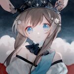  1girl ambience_synesthesia amiya_(arknights) animal_ears arknights bangs blue_eyes brown_hair crown dress hair_between_eyes highres long_hair looking_at_viewer off-shoulder_dress off_shoulder parted_lips rabbit_ears sidelocks solo ssangzi upper_body watermark white_dress 