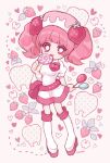  1girl bangs boots breasts candy dress food food-themed_hair_ornament fruit hair_ornament heart holding holding_candy holding_food holding_lollipop knee_boots large_breasts licking lollipop milk_(pop&#039;n_music) nonokusu_(no2xnox) pink_eyes pink_hair pink_theme pop&#039;n_music short_twintails signature solo strawberry strawberry_hair_ornament swirl_lollipop tooth twintails white_dress white_footwear 