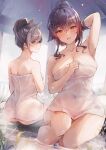  2girls animal_ears arm_up armpits ass atago_(azur_lane) azur_lane bangs black_hair blush breasts cleavage closed_mouth collarbone commentary_request covered_navel dog_ears heart heart-shaped_pupils large_breasts looking_at_viewer multiple_girls naked_towel onsen orange_eyes parted_lips ponytail sea_nami sitting smile symbol-shaped_pupils takao_(azur_lane) towel water 