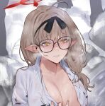  1girl absurdres bangs black_ribbon blue_archive blush breasts brown_eyes brown_hair chinatsu_(blue_archive) cleavage glasses hair_over_eyes hair_ribbon halo highres large_breasts long_hair mimyo pointy_ears red_halo ribbon shirt smile solo upper_body wet white_shirt 