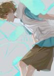  1boy 510_gotoudayo absurdres amamiya_hibiya bangs blue_shirt blurry brown_hair brown_shorts character_name closed_mouth copyright_name depth_of_field feet_out_of_frame from_side frown grey_background highres kagerou_project looking_at_viewer male_focus popped_collar profile red_eyes shirt short_hair short_sleeves shorts sideways_glance solo vest white_vest zipper 