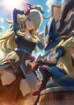  1girl black_ribbon blonde_hair blue_eyes blue_fur blue_sky boots breasts cleavage clothing_cutout cynthia_(pokemon) cynthia_(sygna_suit)_(aura)_(pokemon) day gloves hair_over_one_eye hair_ribbon hand_on_hip hand_on_own_head high_ponytail highres ho-oh_(artist) jacket long_hair looking_at_viewer lucario mega_lucario mega_pokemon official_alternate_costume open_clothes open_jacket outdoors pokemon pokemon_(creature) pokemon_(game) pokemon_masters_ex red_gloves ribbon shorts sky yellow_fur 