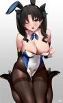  1girl absurdres animal_ears bangs bare_shoulders black_hair blue_leotard breasts brown_pantyhose cleavage covered_navel detached_collar detached_sleeves earrings fake_animal_ears fate/grand_order fate_(series) gold_trim hair_ribbon high_heels highleg highleg_leotard highres hoop_earrings ishtar_(fate) jewelry kurozawa_yui large_breasts leotard long_hair looking_at_viewer one_eye_closed open_mouth pantyhose parted_bangs playboy_bunny rabbit_ears red_eyes ribbon sitting solo thighband_pantyhose two-tone_leotard two_side_up wariza wrist_cuffs 