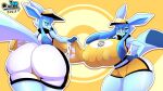 anthro big_breasts big_butt breasts butt canid canine clothing eeveelution female female/female fox fur generation_4_pokemon glaceon hi_res huge_breasts huge_butt looking_at_viewer mammal nintendo nipples pokemon pokemon_(species) simple_background solo thiccbuns 