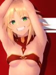  1girl armpits arms_behind_head arms_up bandeau bangs bare_shoulders blonde_hair breasts detached_collar fate/apocrypha fate/grand_order fate_(series) green_eyes grin long_hair looking_at_viewer minami_koyogi mordred_(fate) mordred_(fate/apocrypha) parted_bangs ponytail sidelocks small_breasts smile solo 