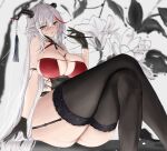  1girl absurdly_long_hair aegir_(azur_lane) aegir_(golden_dragon_among_auspicious_clouds)_(azur_lane) azur_lane black_garter_straps black_gloves breasts cleavage crossed_legs demon_horns departure18 gloves hair_on_horn holding holding_brush holding_paintbrush horn_ornament horns large_breasts long_hair multicolored_hair official_alternate_costume paint_on_body paintbrush red_hair sideless_outfit sitting streaked_hair thighs very_long_hair white_hair yellow_eyes 