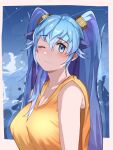  1girl blue_eyes blue_hair blush breasts casual cleavage dragon_girl dragon_horns highres horns kemono_friends large_breasts long_hair looking_at_viewer one_eye_closed sani seiryuu_(kemono_friends) singlet solo twintails wavy_mouth 