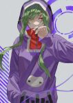  510_gotoudayo absurdres bangs blurry breasts cable character_name copyright_name covered_mouth depth_of_field fingernails floating_hair green_hair hair_over_one_eye hand_in_pocket hand_up highres hood hood_up hoodie kagerou_project kido_tsubomi long_hair long_sleeves looking_at_viewer purple_hoodie sidelocks sleeves_past_wrists solo striped striped_background upper_body zipper 