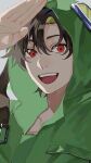  1boy 510_gotoudayo bangs black_hair goggles goggles_on_head grey_background hair_between_eyes hand_up highres hood hood_up hoodie kagerou_project looking_at_viewer male_focus open_mouth portrait red_eyes salute seto_kousuke short_hair simple_background smile solo 