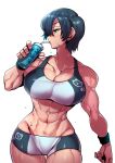  1girl abs bike_shorts black_eyes black_hair breasts cleavage cup disposable_cup drinking_straw earrings highres jewelry large_breasts looking_to_the_side muscular muscular_female original short_hair solo sportswear sweat sweatband tank_top tukiwani white_background 